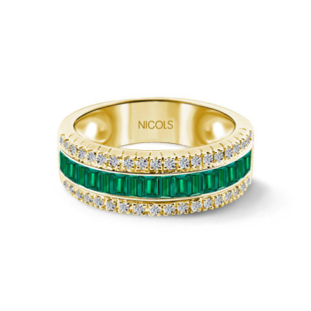Emerald and Baguette Diamonds Ring Amelia 0.30 Yellow Gold